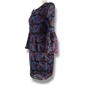 EUC Nicole Miller New York Floral Embroidered Tulle Dress Sz. 4 Black‎ Blue Red